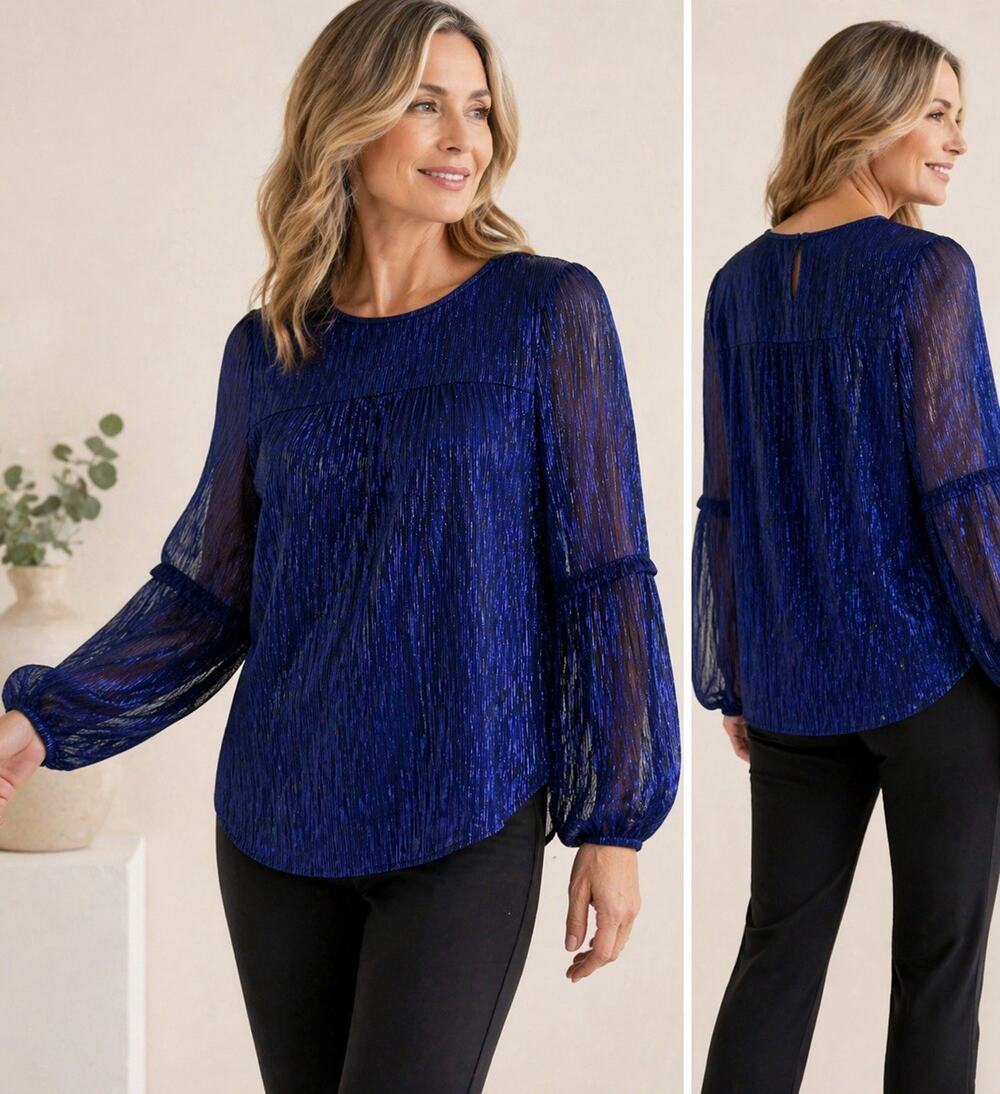 Moulinette Soeurs Blouse Small Metallic Blue Sheer Sleeve Feminine Anthropologie